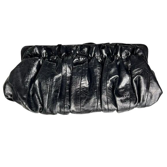 Express Ruched Clutch Handbag Black Faux Patent Leather Evening Clutch Purse - Picture 1 of 9